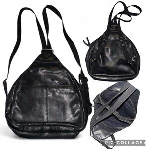 Black Leather unisex convertible Multi-Compartment sling backpack Bag